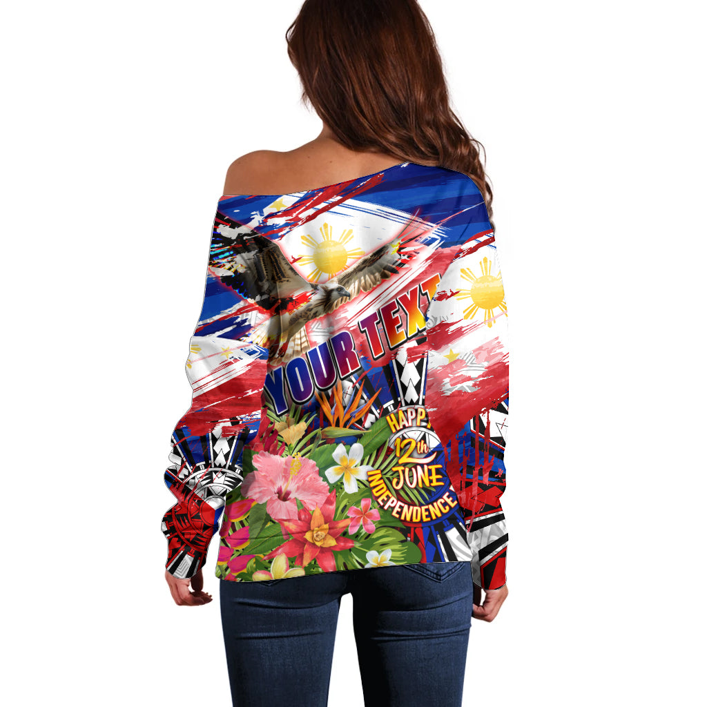Personalized Philippines Independence Day Off Shoulder Sweater Polynesia Filipinas Eagle Hibiscus DT02 - Polynesian Pride