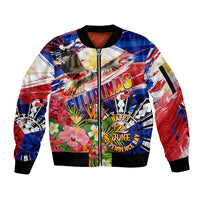 Personalized Philippines Independence Day Sleeve Zip Bomber Jacket Polynesia Filipinas Eagle Hibiscus DT02 Unisex Blue - Polynesian Pride