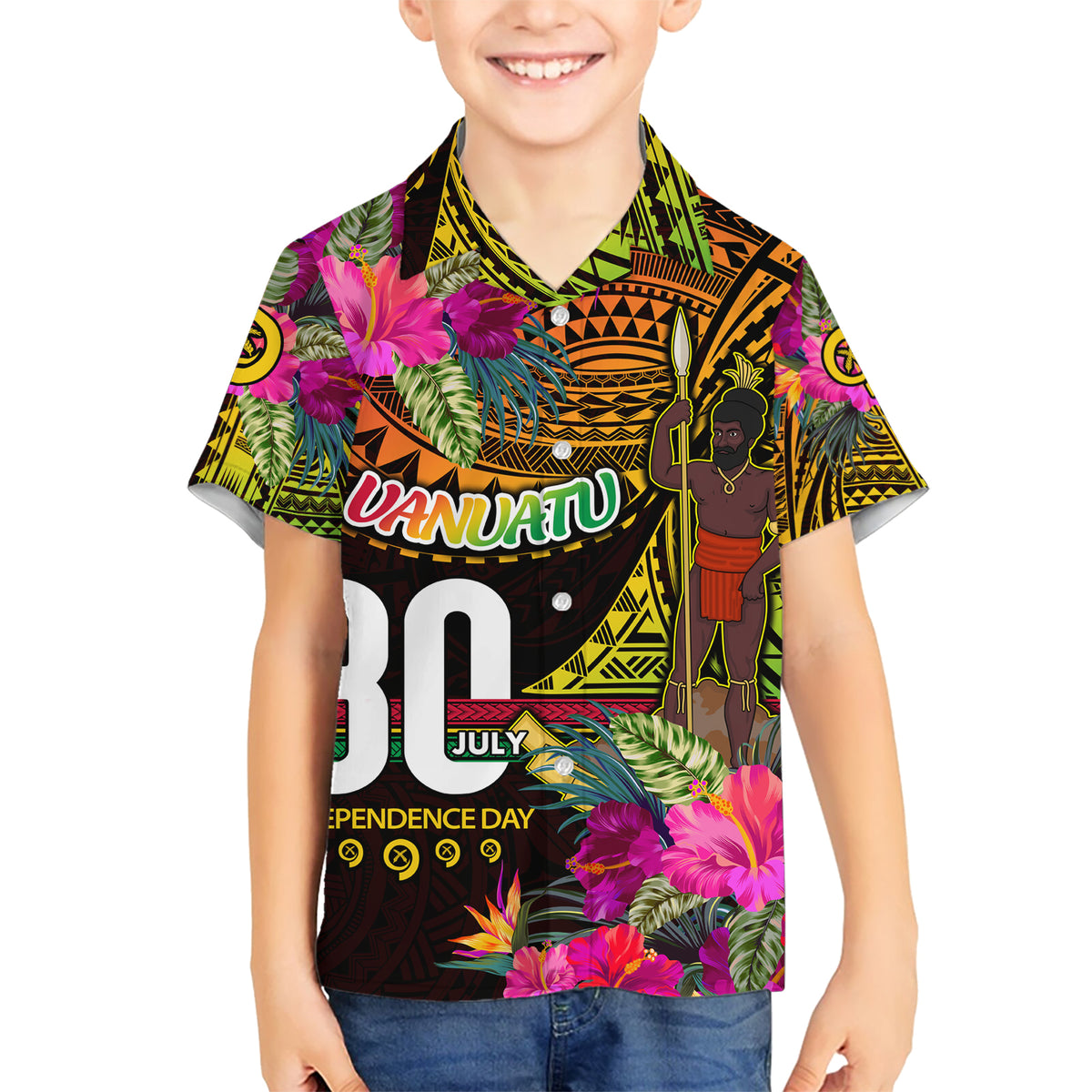 Personalised Vanuatu Independence Day 30 July Kid Hawaiian Shirt Hibiscus Polynesian Pattern DT02 Kid Yellow - Polynesian Pride