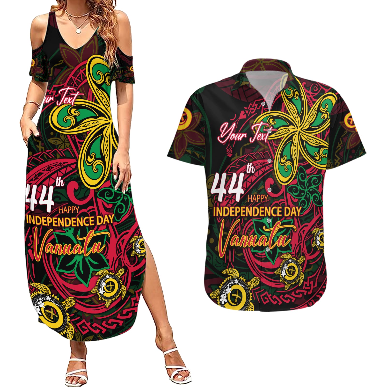 Custom Vanuatu 44th Independence Anniversary Couples Matching Summer Maxi Dress and Hawaiian Shirt Flower Melanesian Namele Turtle