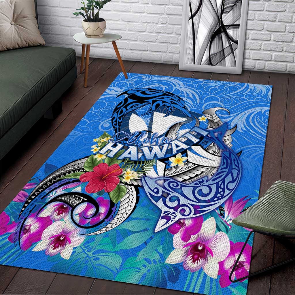Aloha Hawaii Area Rug Dolphins and Fish Hook Hibiscus DT02 Blue - Polynesian Pride