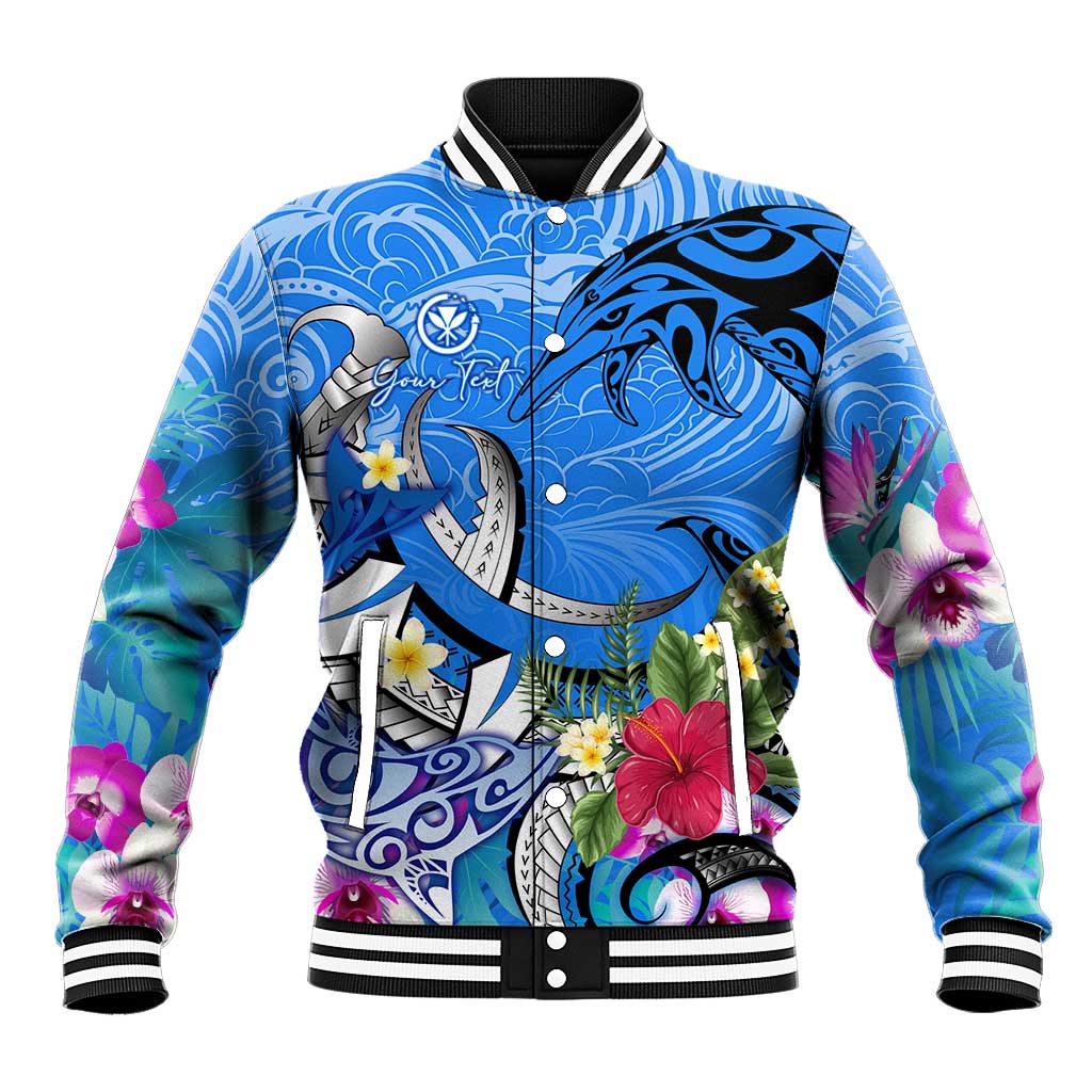 Aloha Hawaii Baseball Jacket Dolphins and Fish Hook Hibiscus DT02 Unisex Blue - Polynesian Pride