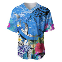 Aloha Hawaii Baseball Jersey Dolphins and Fish Hook Hibiscus DT02 Blue - Polynesian Pride