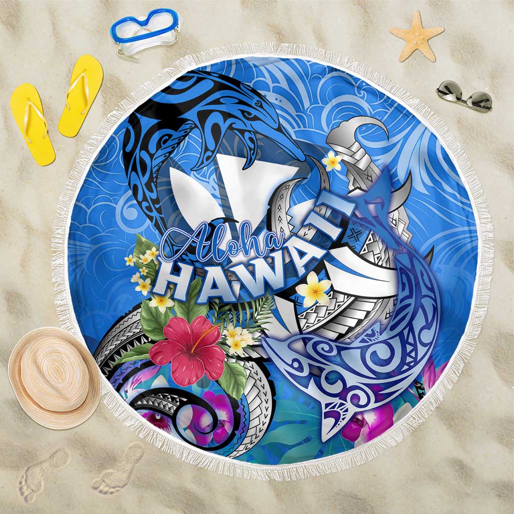 Aloha Hawaii Beach Blanket Dolphins and Fish Hook Hibiscus DT02 One Size 150cm Blue - Polynesian Pride