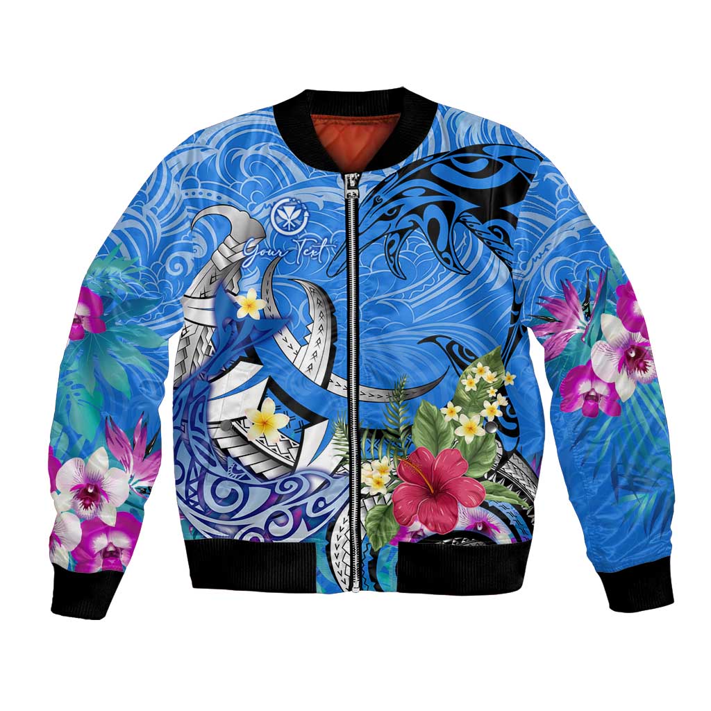 Aloha Hawaii Bomber Jacket Dolphins and Fish Hook Hibiscus DT02 Unisex Blue - Polynesian Pride