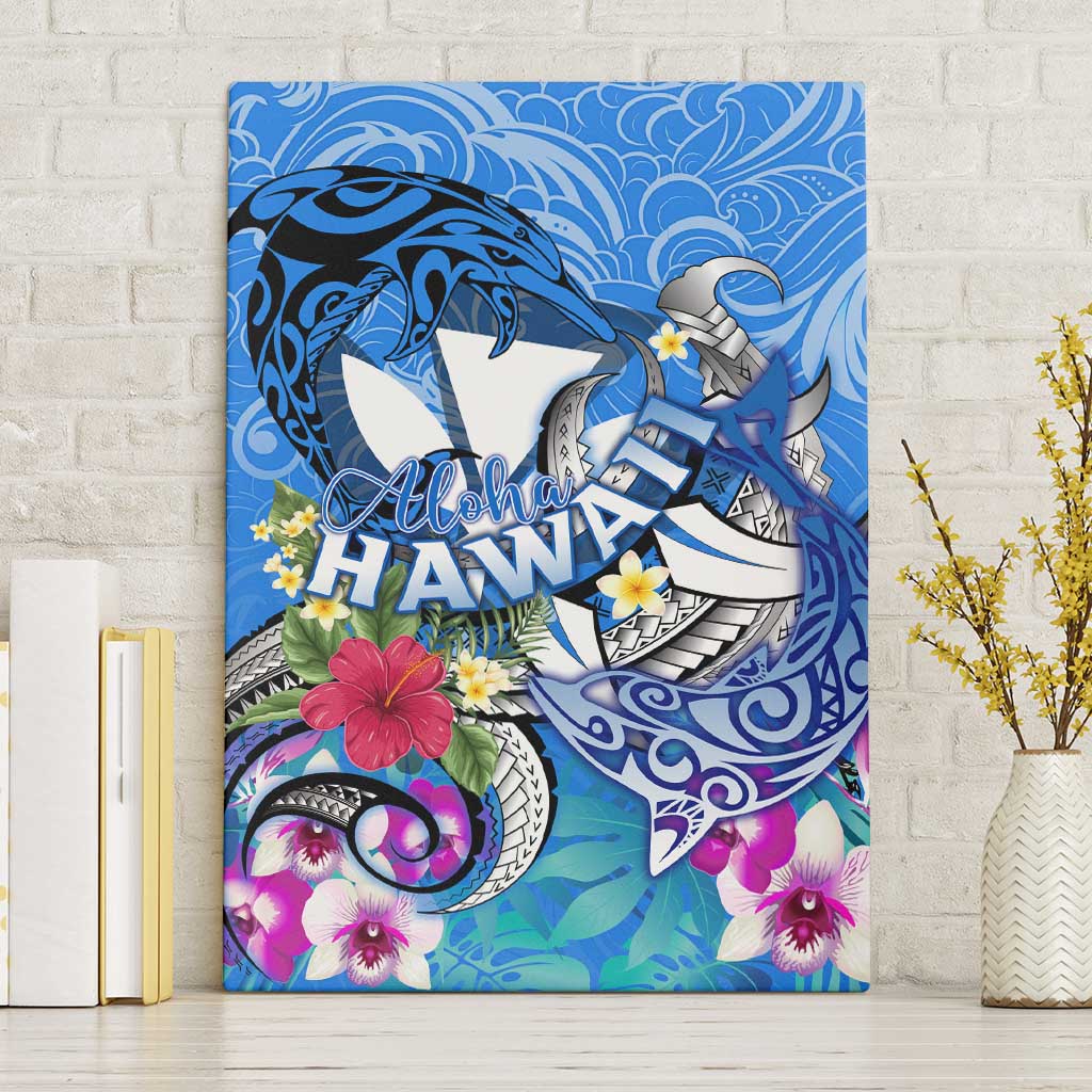 Aloha Hawaii Canvas Wall Art Dolphins and Fish Hook Hibiscus DT02 Without Frame Blue - Polynesian Pride