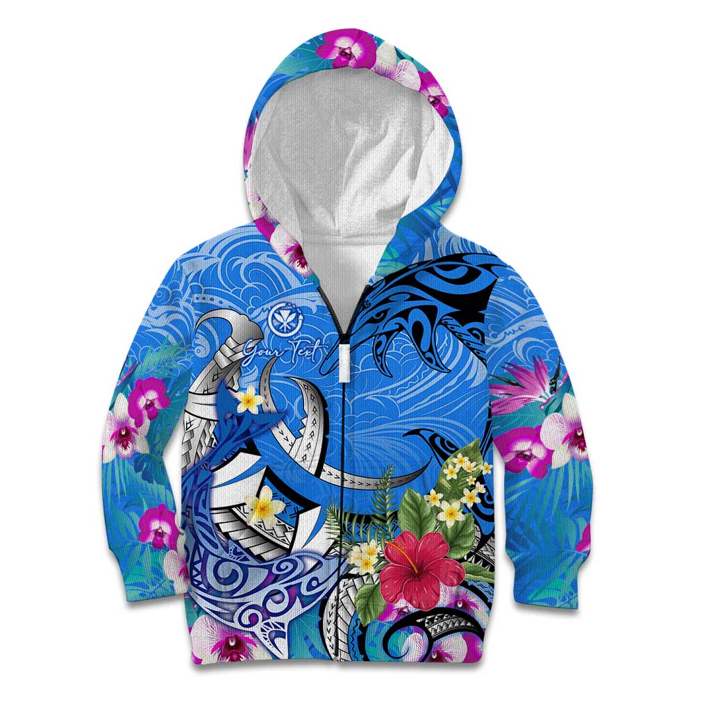 Aloha Hawaii Kid Hoodie Dolphins and Fish Hook Hibiscus DT02 Zip Hoodie Blue - Polynesian Pride