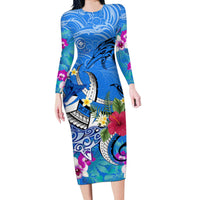 Aloha Hawaii Long Sleeve Bodycon Dress Dolphins and Fish Hook Hibiscus DT02 Long Dress Blue - Polynesian Pride