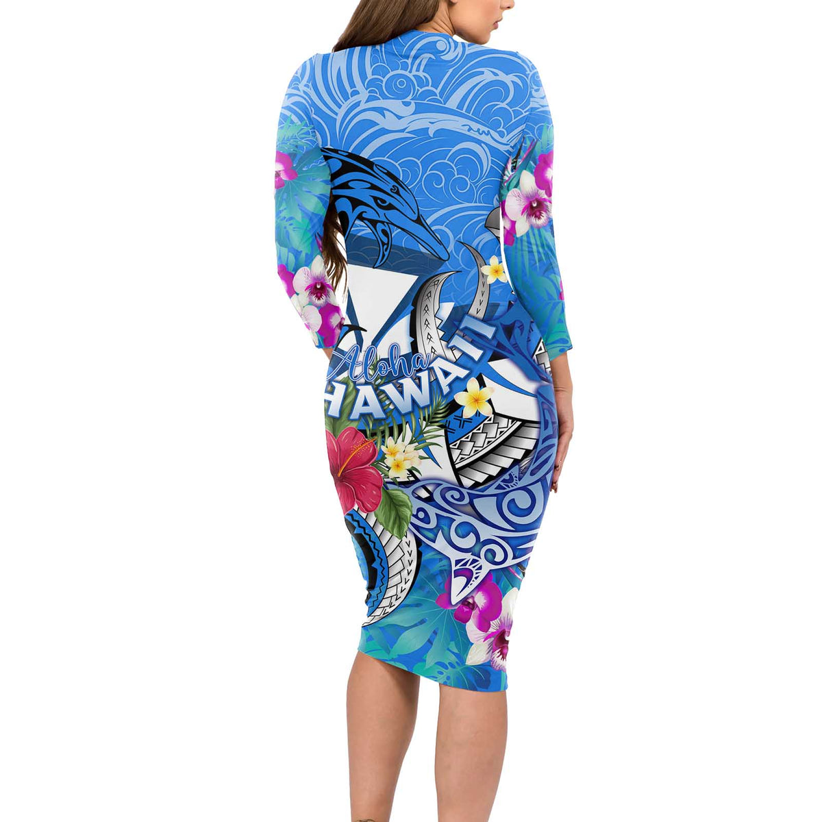 Aloha Hawaii Long Sleeve Bodycon Dress Dolphins and Fish Hook Hibiscus DT02 - Polynesian Pride