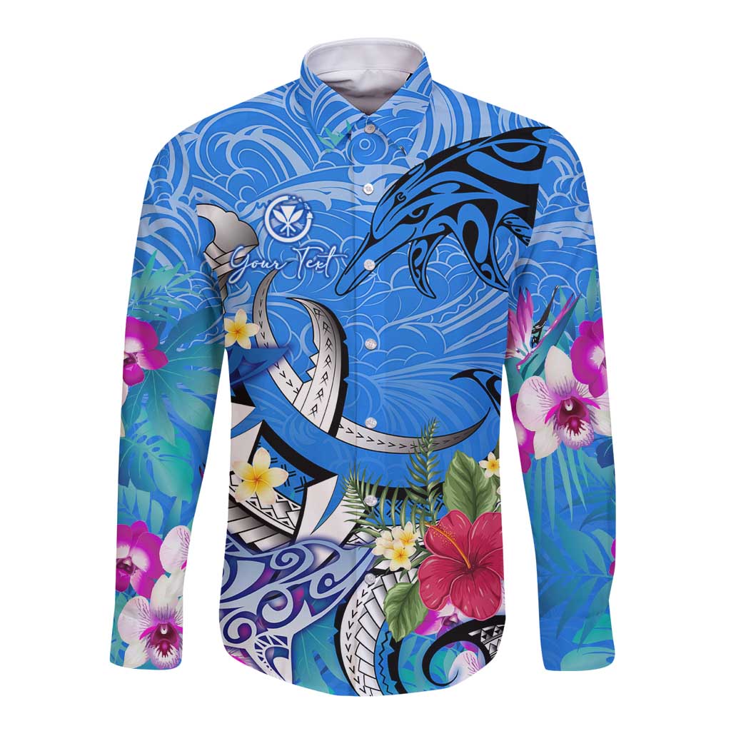 Aloha Hawaii Long Sleeve Button Shirt Dolphins and Fish Hook Hibiscus DT02 Unisex Blue - Polynesian Pride