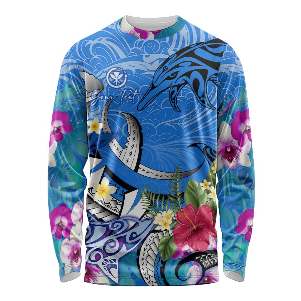 Aloha Hawaii Long Sleeve Shirt Dolphins and Fish Hook Hibiscus DT02 Unisex Blue - Polynesian Pride