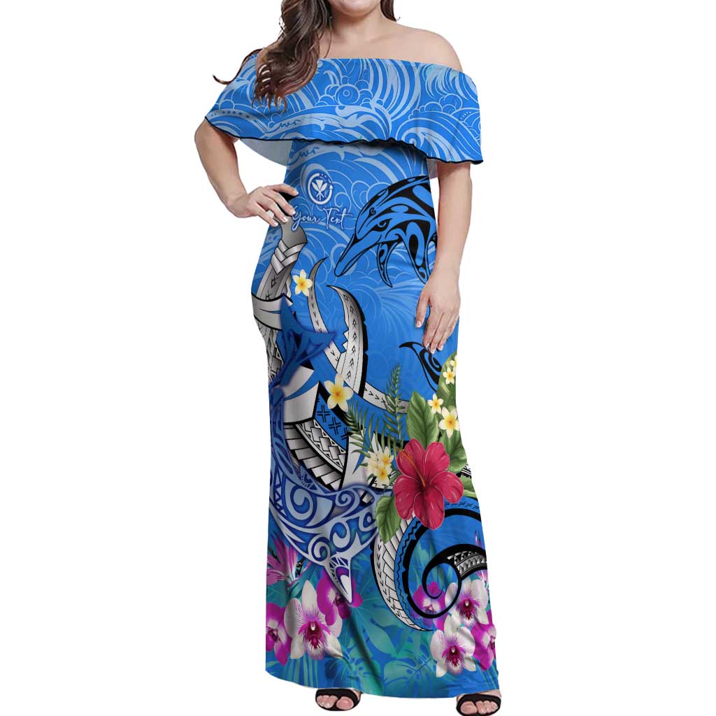 Aloha Hawaii Off Shoulder Maxi Dress Dolphins and Fish Hook Hibiscus DT02 Women Blue - Polynesian Pride