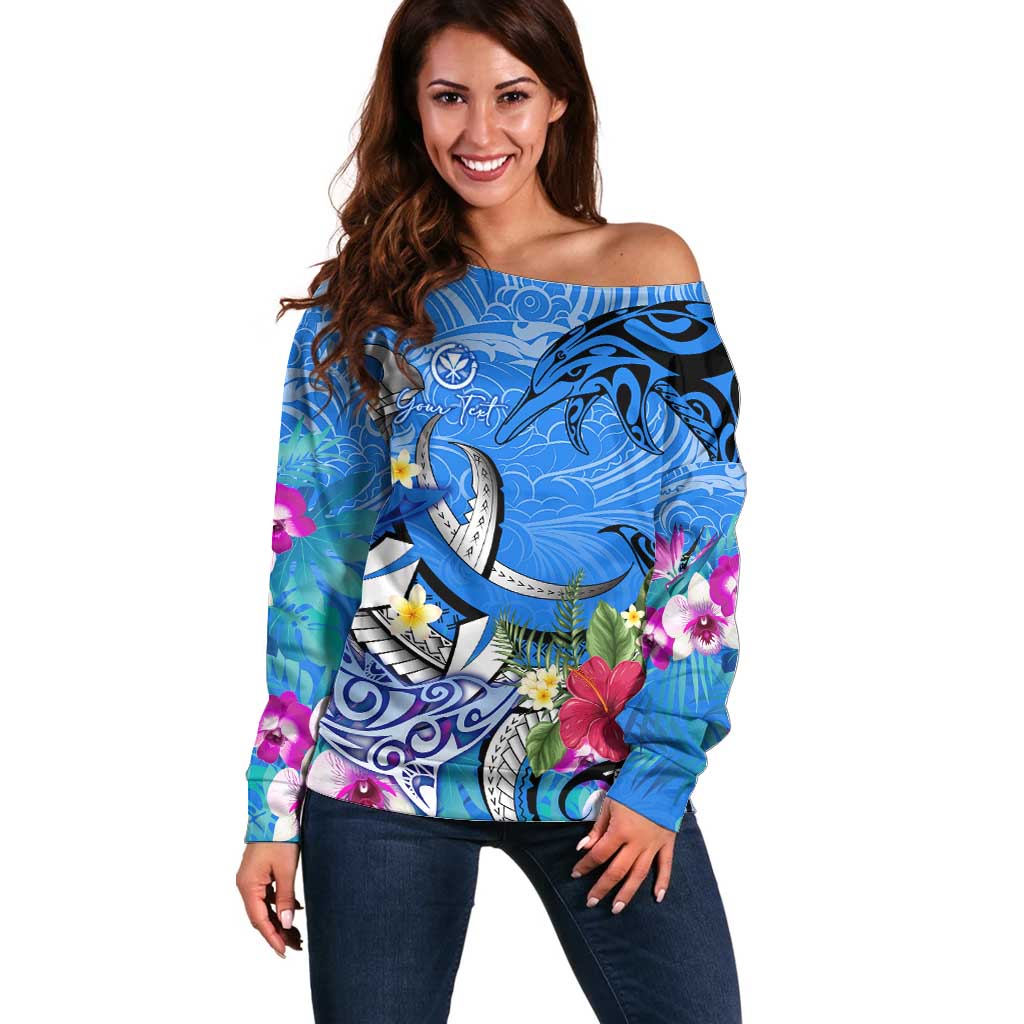 Aloha Hawaii Off Shoulder Sweater Dolphins and Fish Hook Hibiscus DT02 Women Blue - Polynesian Pride