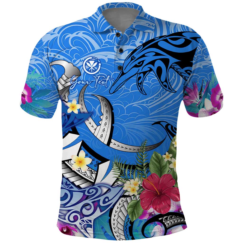 Aloha Hawaii Polo Shirt Dolphins and Fish Hook Hibiscus DT02 Blue - Polynesian Pride