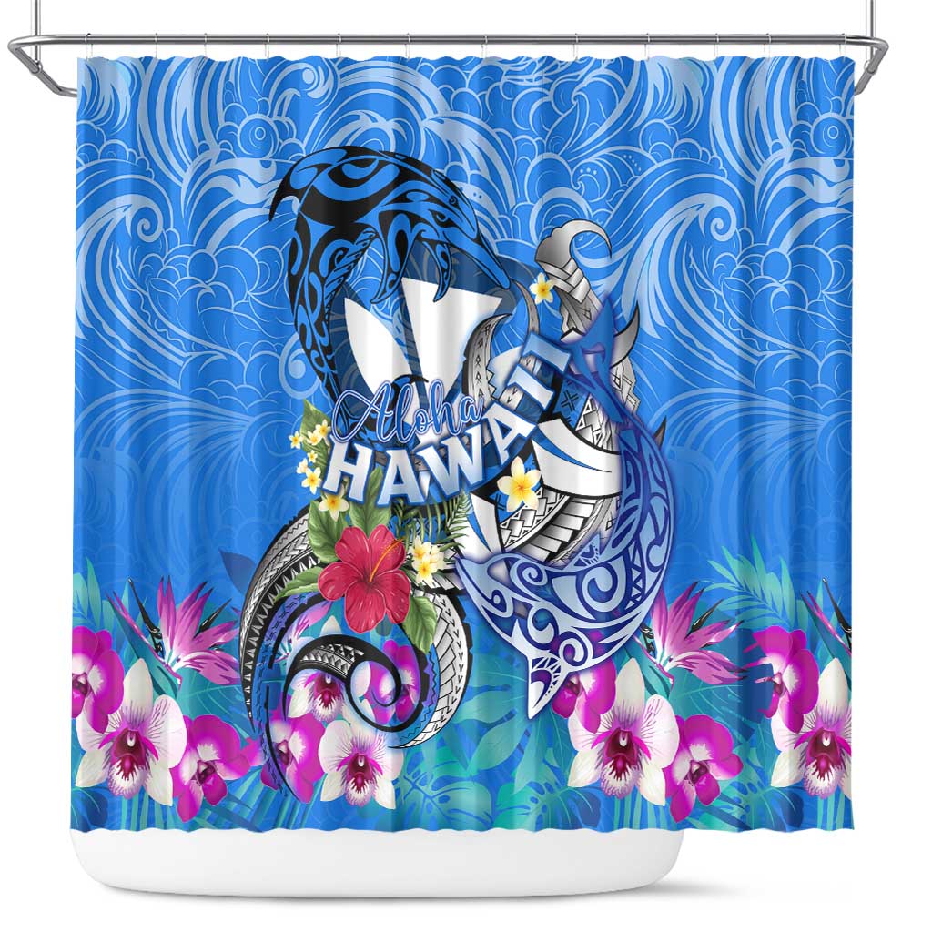 Aloha Hawaii Shower Curtain Dolphins and Fish Hook Hibiscus DT02 Blue - Polynesian Pride