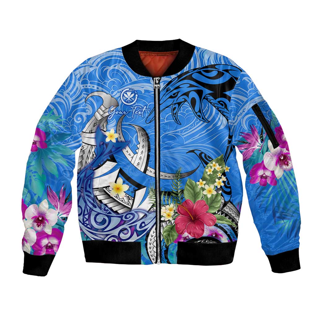 Aloha Hawaii Sleeve Zip Bomber Jacket Dolphins and Fish Hook Hibiscus DT02 Unisex Blue - Polynesian Pride