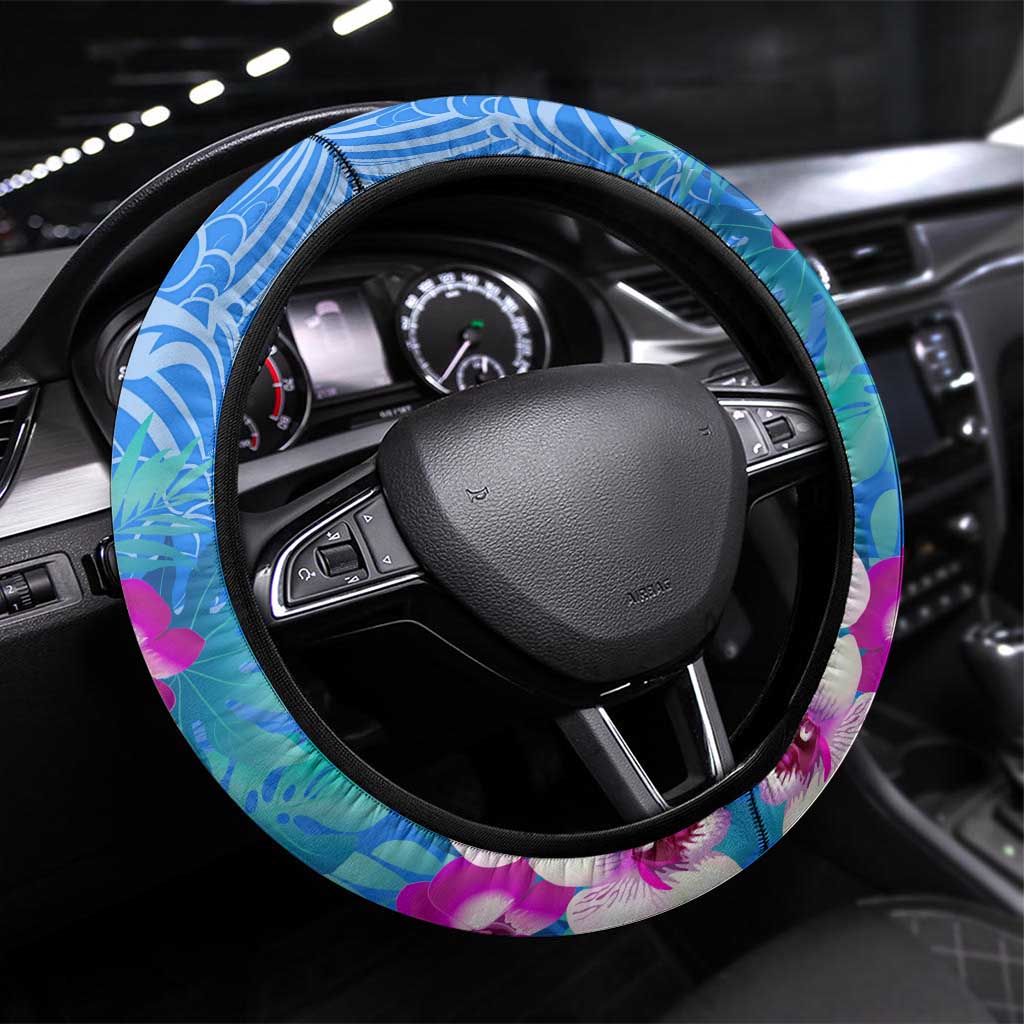 Aloha Hawaii Steering Wheel Cover Dolphins and Fish Hook Hibiscus DT02 Universal Fit Blue - Polynesian Pride