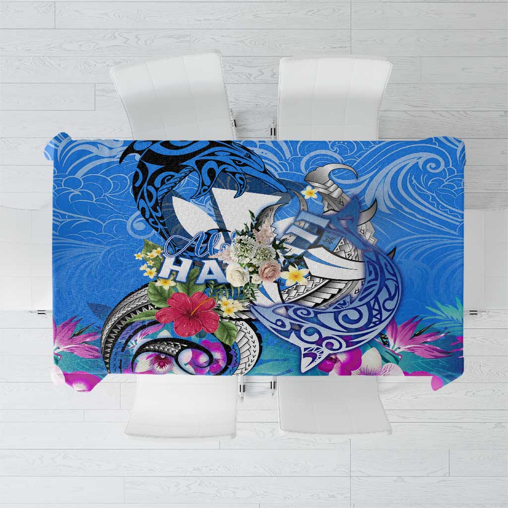 Aloha Hawaii Tablecloth Dolphins and Fish Hook Hibiscus DT02 Blue - Polynesian Pride