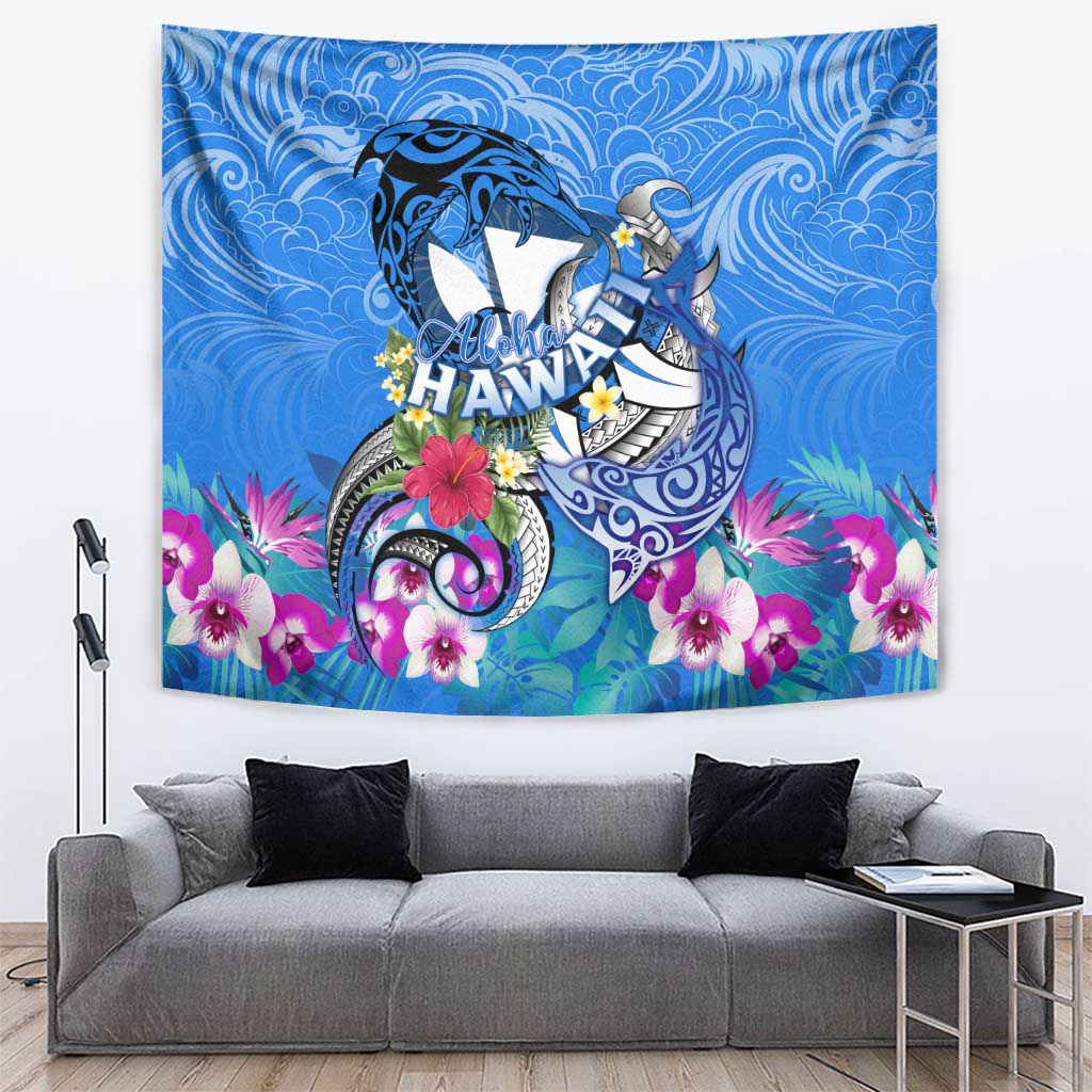 Aloha Hawaii Tapestry Dolphins and Fish Hook Hibiscus DT02 Blue - Polynesian Pride