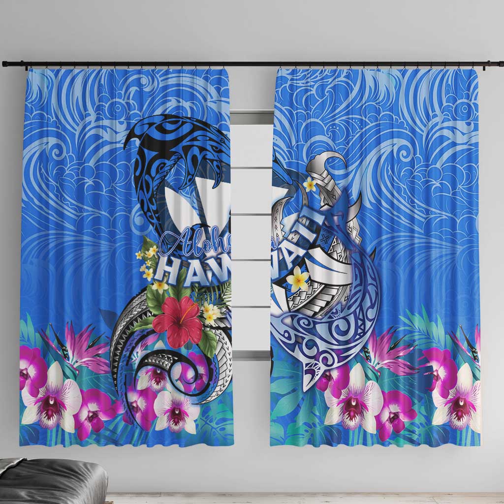 Aloha Hawaii Window Curtain Dolphins and Fish Hook Hibiscus DT02 With Hooks Blue - Polynesian Pride