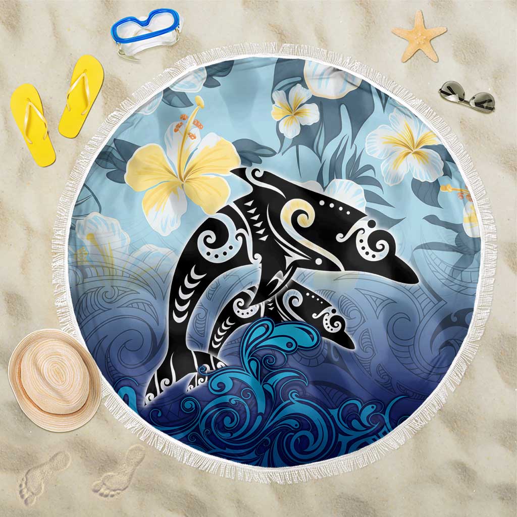 Mother And Baby Dolphins Beach Blanket Hawaii Hibiscus DT02 One Size 150cm Blue - Polynesian Pride