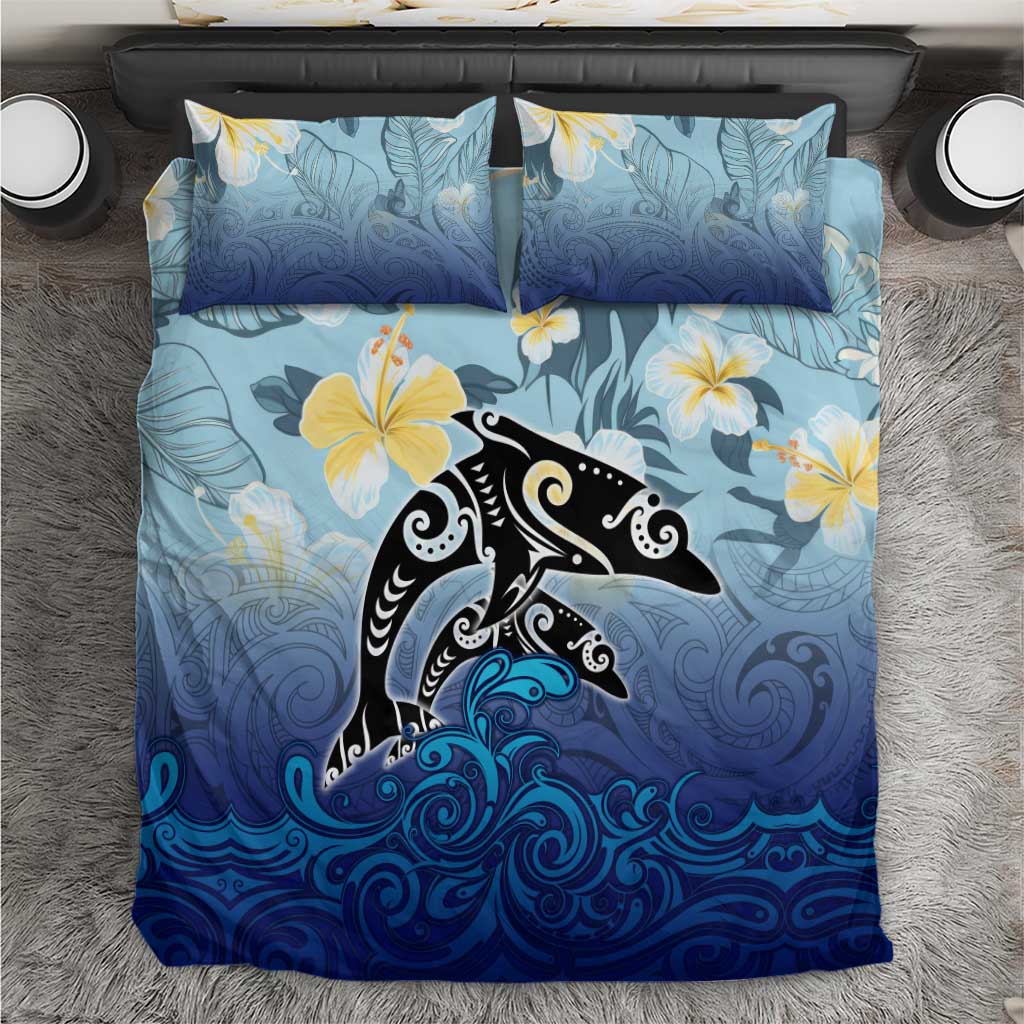 Mother And Baby Dolphins Bedding Set Hawaii Hibiscus DT02 Blue - Polynesian Pride