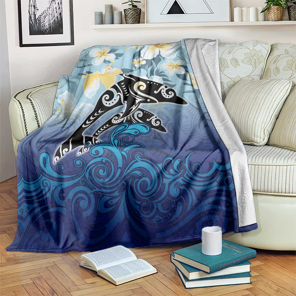 Mother And Baby Dolphins Blanket Hawaii Hibiscus DT02 Blue - Polynesian Pride