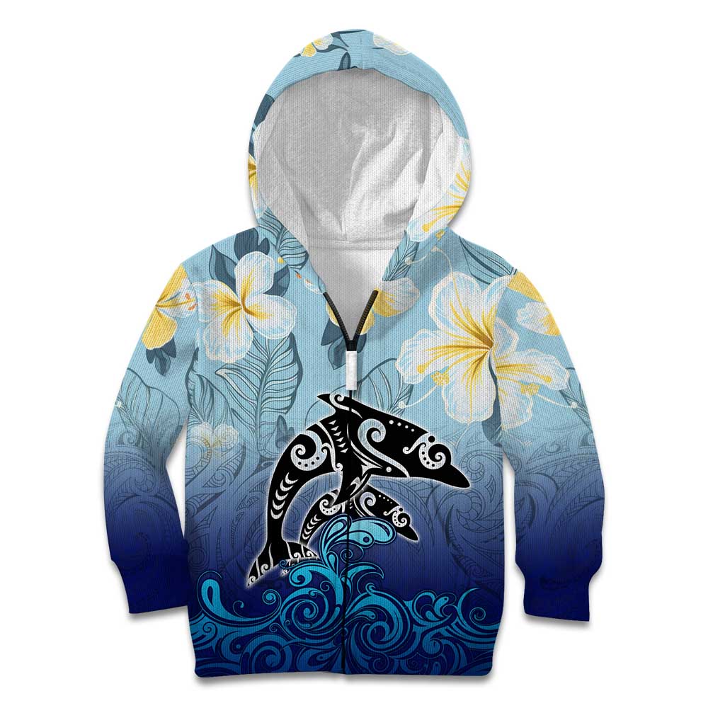 Mother And Baby Dolphins Kid Hoodie Hawaii Hibiscus DT02 Zip Hoodie Blue - Polynesian Pride