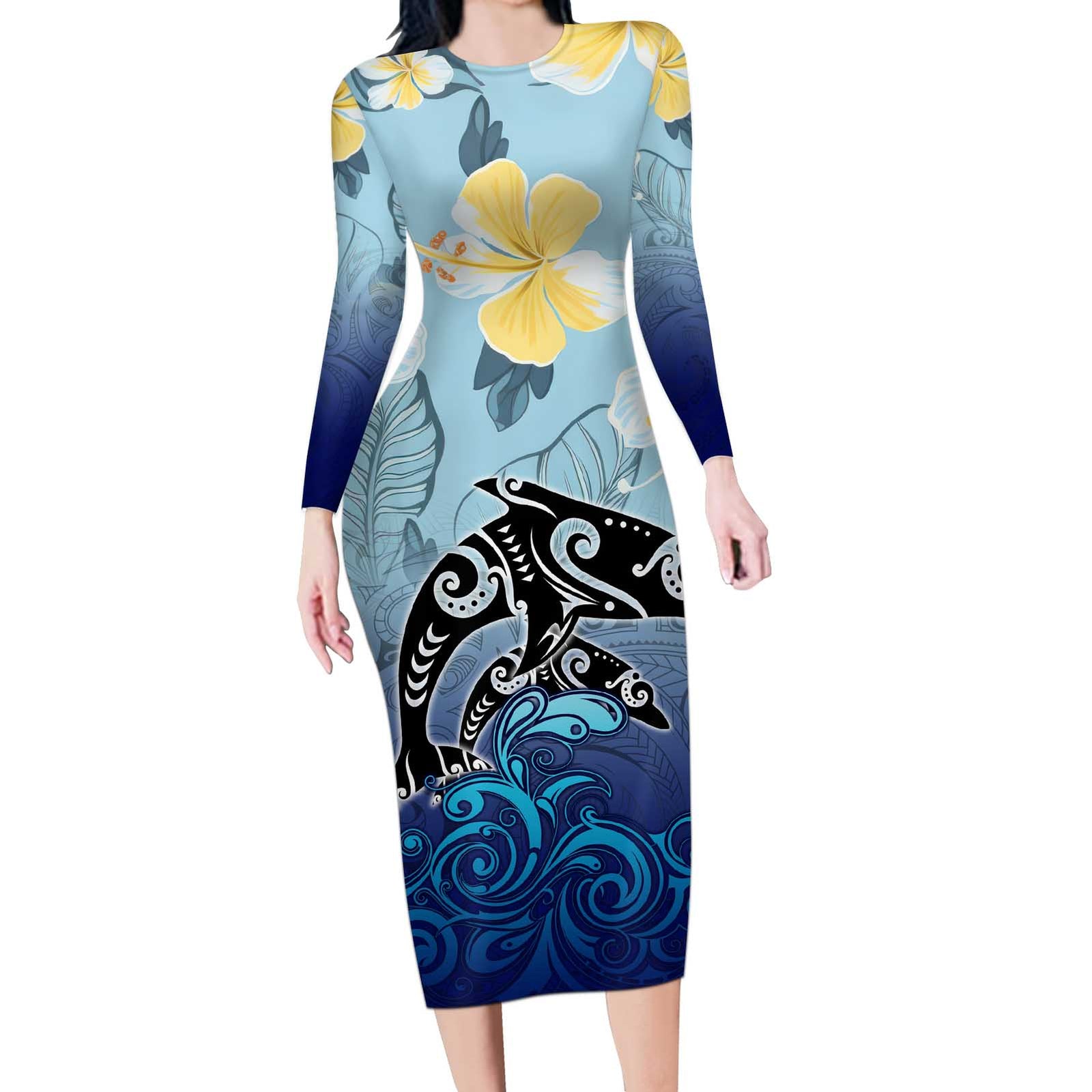 Mother And Baby Dolphins Long Sleeve Bodycon Dress Hawaii Hibiscus DT02 Long Dress Blue - Polynesian Pride
