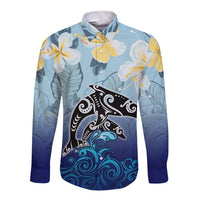 Mother And Baby Dolphins Long Sleeve Button Shirt Hawaii Hibiscus DT02 Unisex Blue - Polynesian Pride