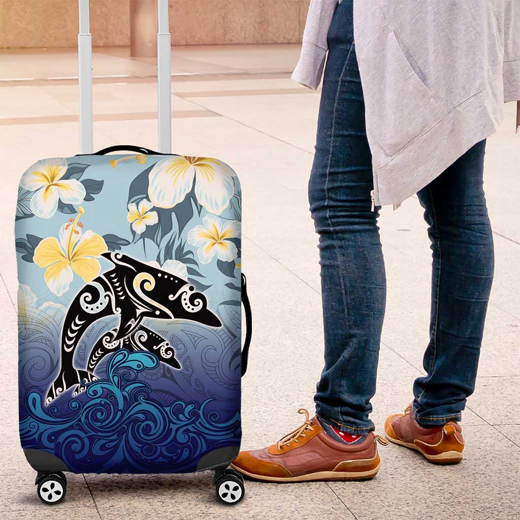 Mother And Baby Dolphins Luggage Cover Hawaii Hibiscus DT02 Blue - Polynesian Pride