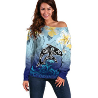 Mother And Baby Dolphins Off Shoulder Sweater Hawaii Hibiscus DT02 Women Blue - Polynesian Pride