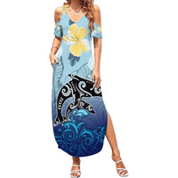 Mother And Baby Dolphins Summer Maxi Dress Hawaii Hibiscus DT02 Women Blue - Polynesian Pride