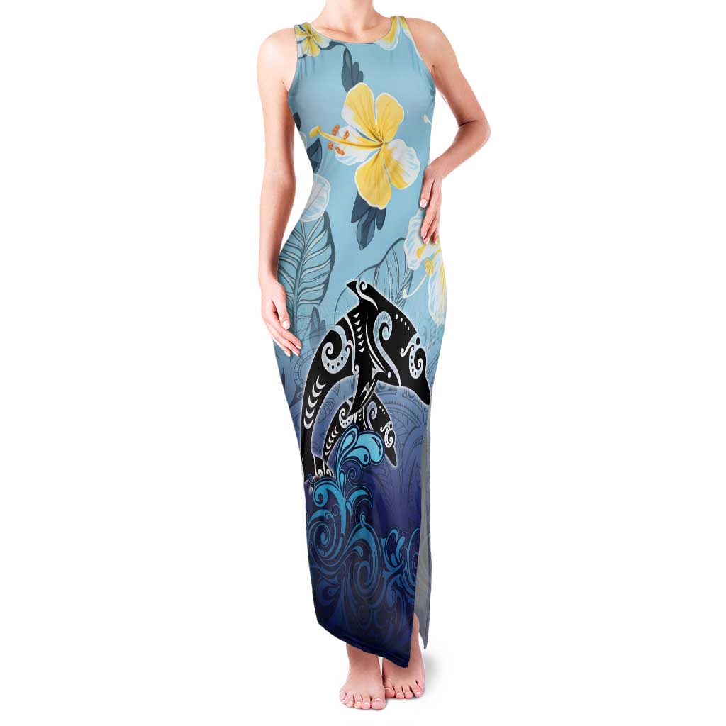Mother And Baby Dolphins Tank Maxi Dress Hawaii Hibiscus DT02 Women Blue - Polynesian Pride