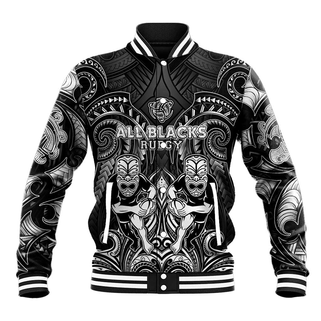 Personalized All Black Baseball Jacket New Zealand Rugby Mascot Maori DT02 Unisex Black - Polynesian Pride