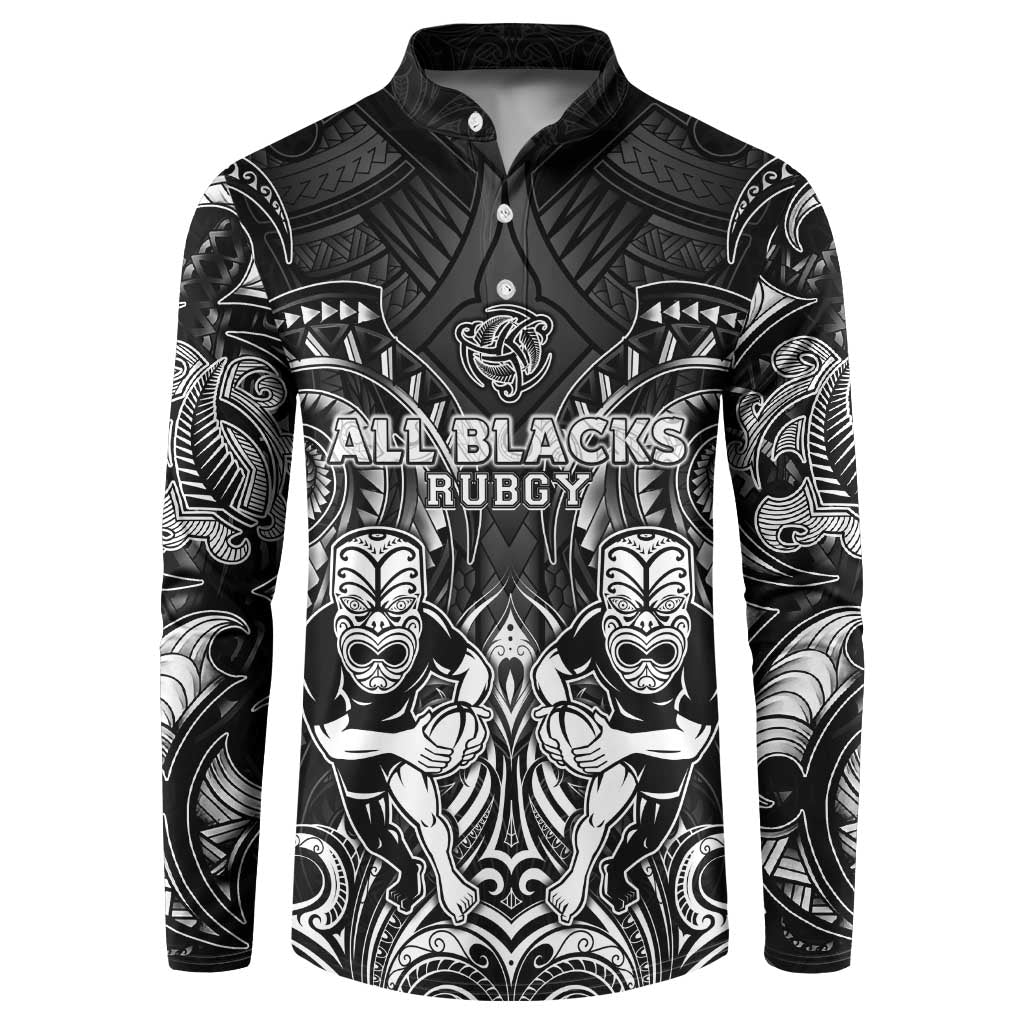 Personalized All Black Button Sweatshirt New Zealand Rugby Mascot Maori DT02 Black - Polynesian Pride