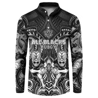 Personalized All Black Button Sweatshirt New Zealand Rugby Mascot Maori DT02 Black - Polynesian Pride