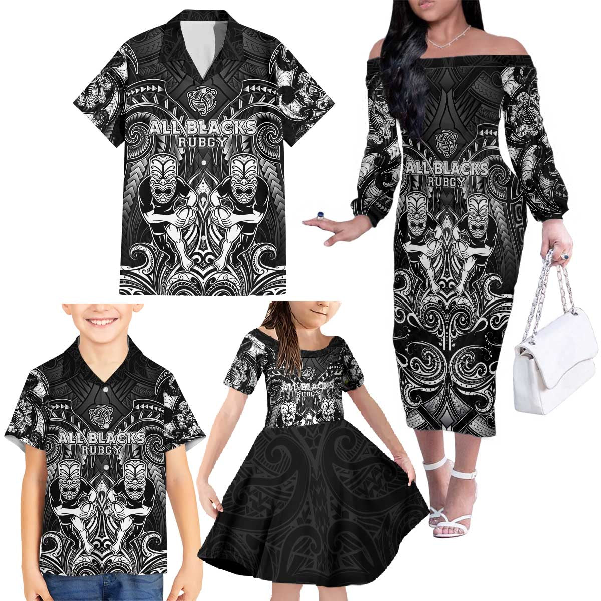 Personalized All Black Family Matching Off The Shoulder Long Sleeve Dress and Hawaiian Shirt New Zealand Rugby Mascot Maori