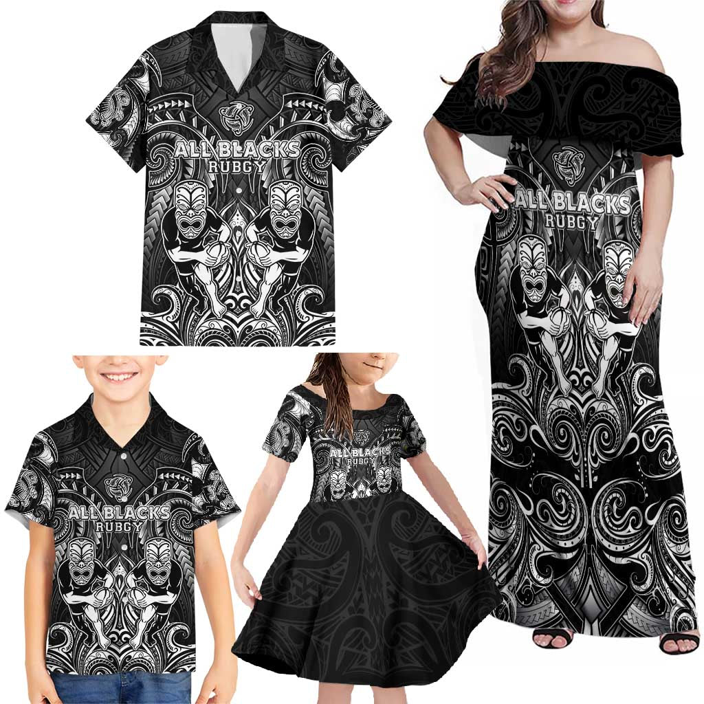 Personalized All Black Family Matching Off Shoulder Maxi Dress and Hawaiian Shirt New Zealand Rugby Mascot Maori