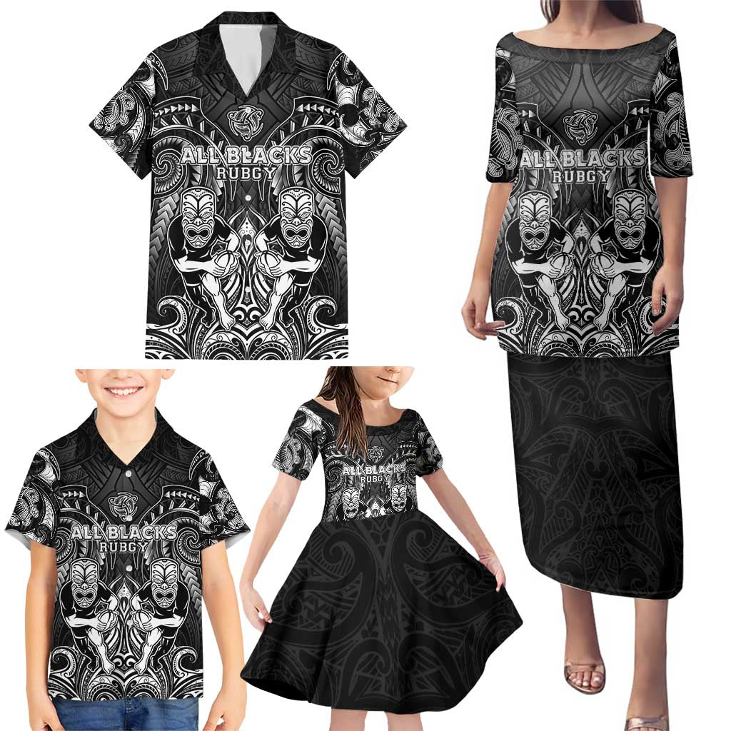 Personalized All Black Family Matching Puletasi and Hawaiian Shirt New Zealand Rugby Mascot Maori