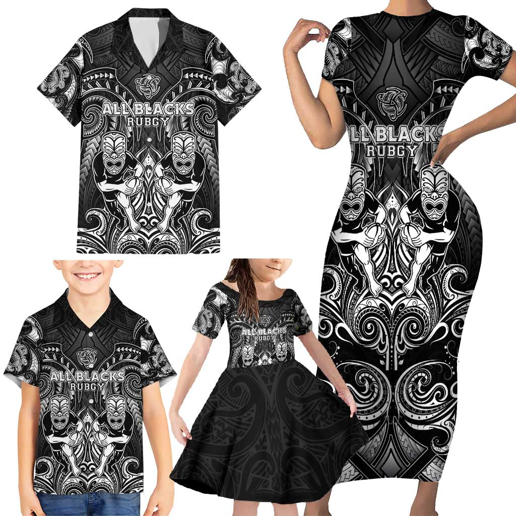 Personalized All Black Family Matching Short Sleeve Bodycon Dress and Hawaiian Shirt New Zealand Rugby Mascot Maori