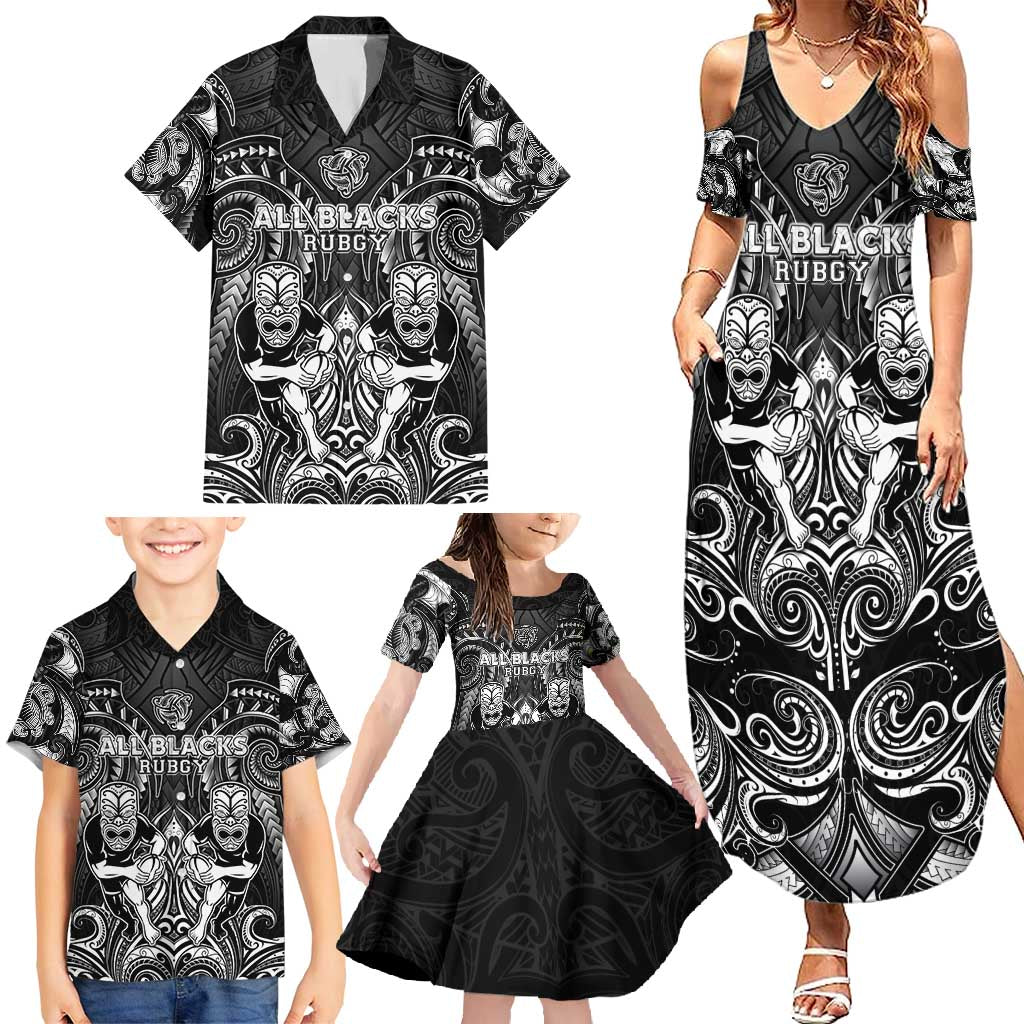 Personalized All Black Family Matching Summer Maxi Dress and Hawaiian Shirt New Zealand Rugby Mascot Maori