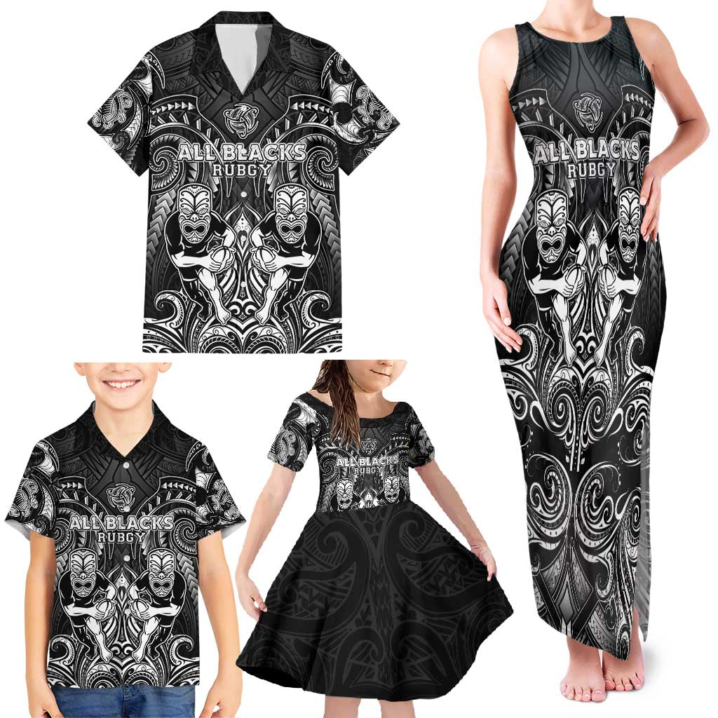 Personalized All Black Family Matching Tank Maxi Dress and Hawaiian Shirt New Zealand Rugby Mascot Maori