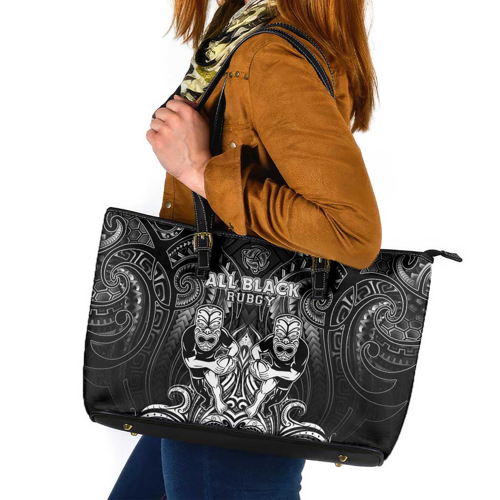 All Black Leather Tote Bag New Zealand Rugby Mascot Maori DT02 Black - Polynesian Pride