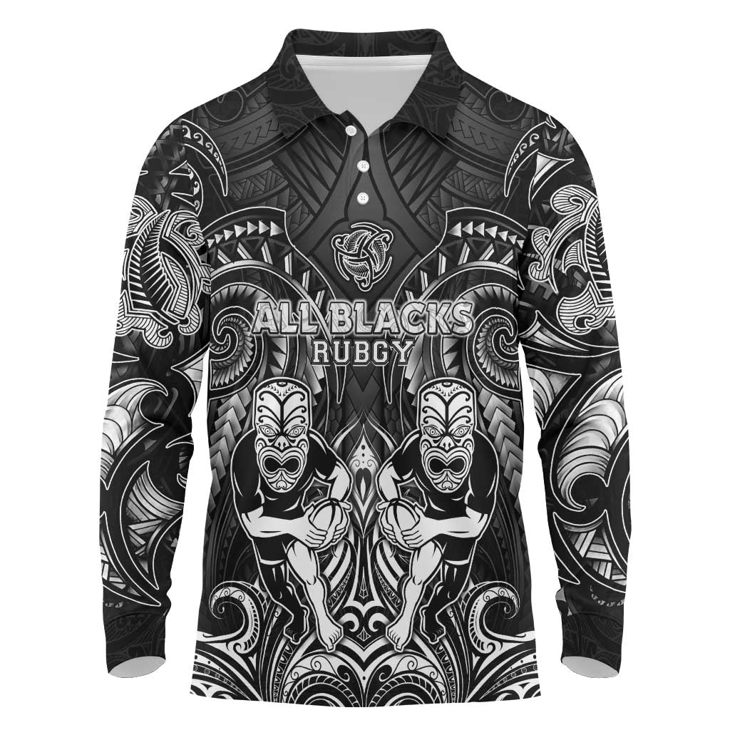 Personalized All Black Long Sleeve Polo Shirt New Zealand Rugby Mascot Maori DT02 Black - Polynesian Pride