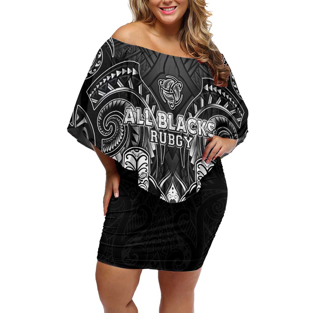 Personalized All Black Off Shoulder Short Dress New Zealand Rugby Mascot Maori DT02 Women Black - Polynesian Pride