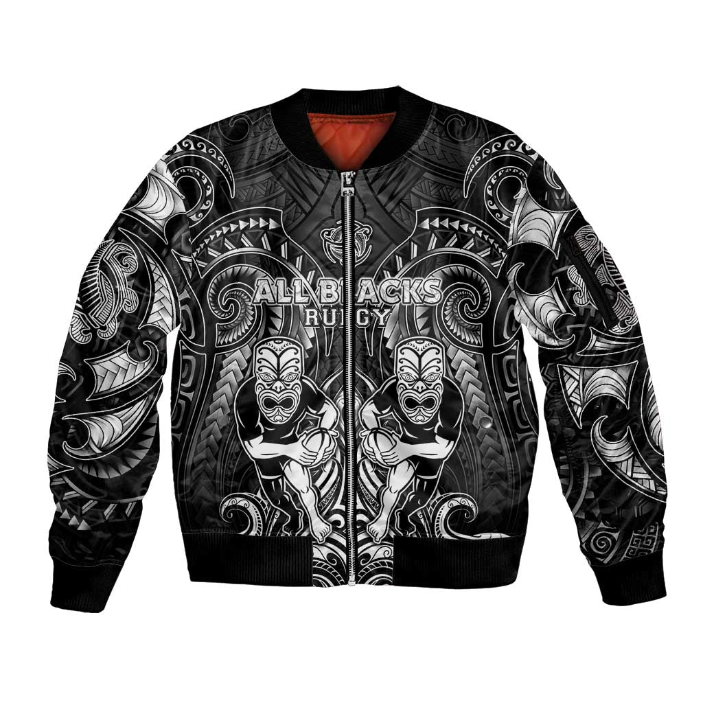 Personalized All Black Sleeve Zip Bomber Jacket New Zealand Rugby Mascot Maori DT02 Unisex Black - Polynesian Pride