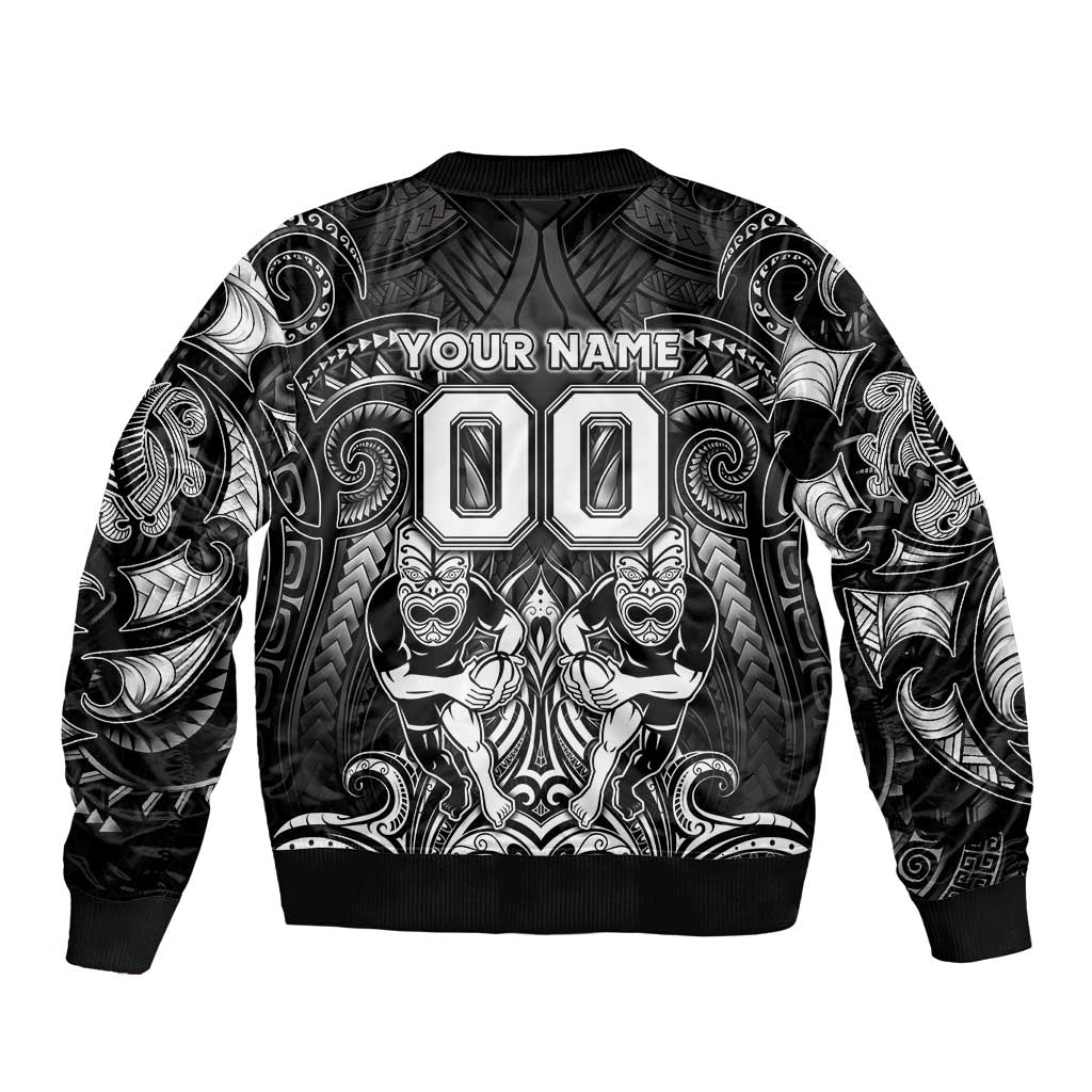 Personalized All Black Sleeve Zip Bomber Jacket New Zealand Rugby Mascot Maori DT02 - Polynesian Pride