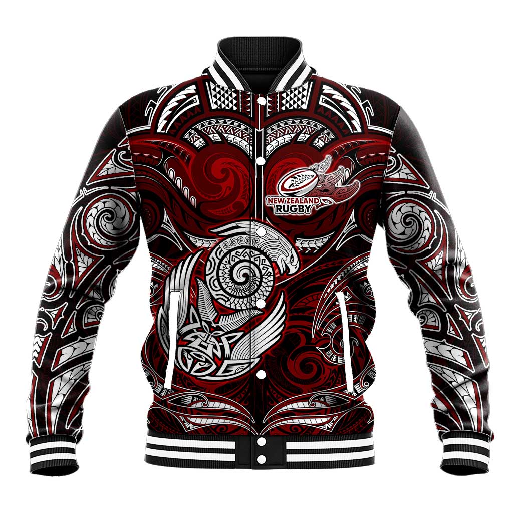 Personalized New Zealand Aotearoa Rugby Baseball Jacket Maori Fern Tattoo Art DT02 Unisex Red - Polynesian Pride