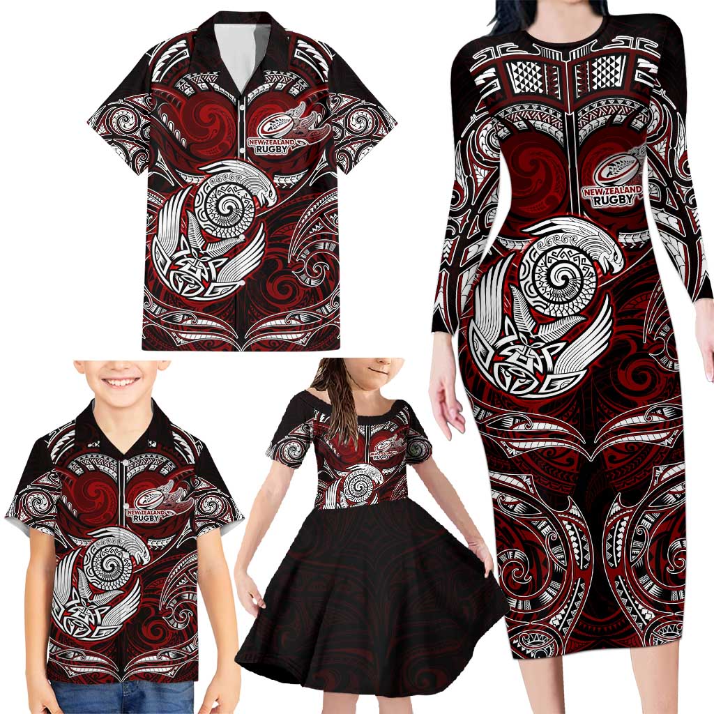 Personalized New Zealand Aotearoa Rugby Family Matching Long Sleeve Bodycon Dress and Hawaiian Shirt Maori Fern Tattoo Art